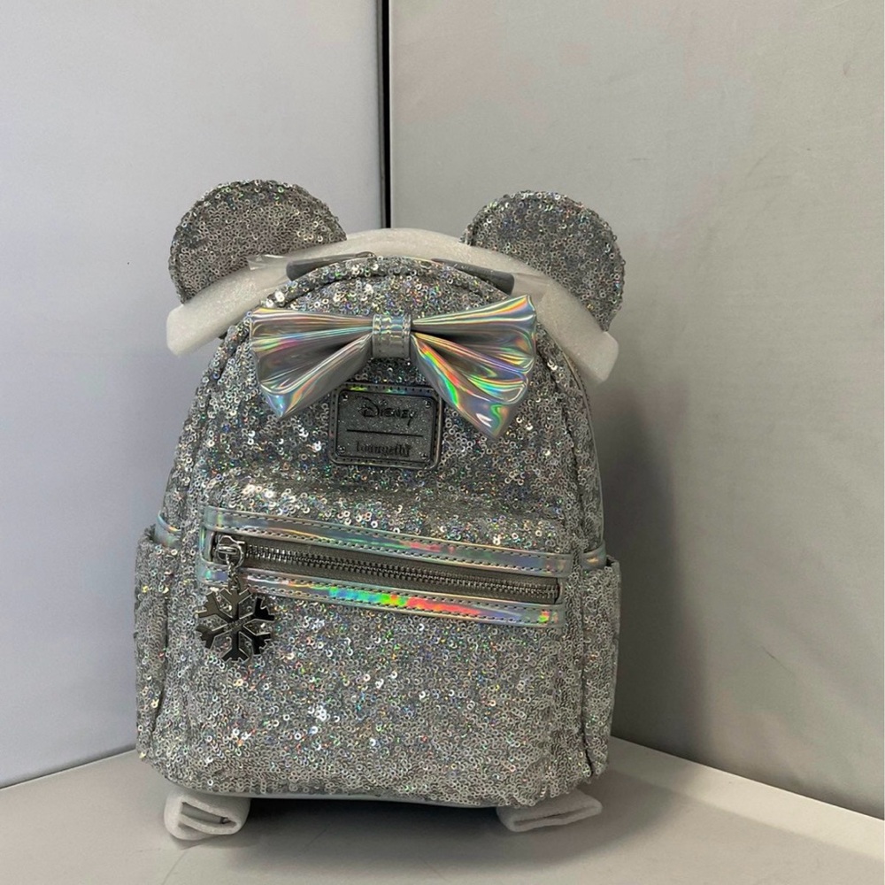 Loungefly Silver Sequin Holographic Bow Mini Backpack